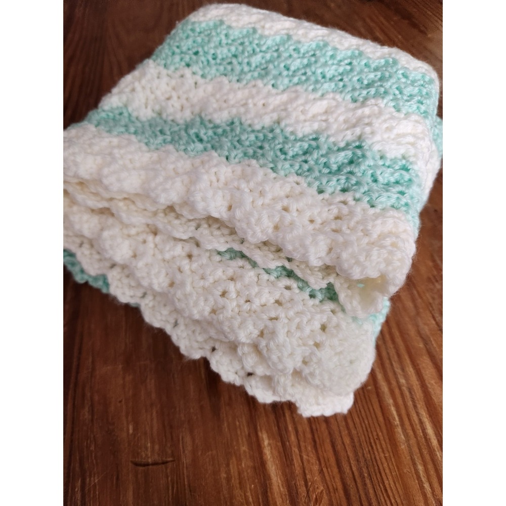 Handmade Green White‎ Afghan Throw Baby Blanket 34x44 Crochet Shabby Chic Pastel